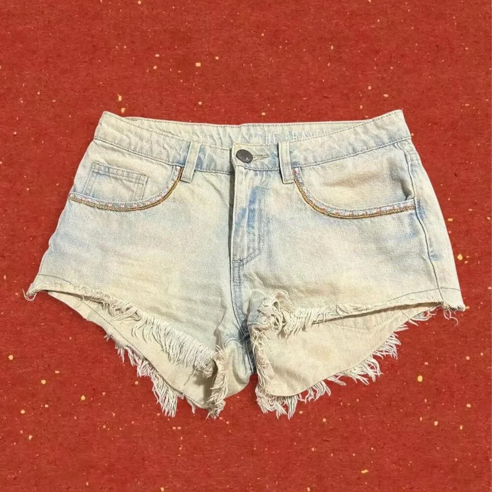 Distressed denim shorts